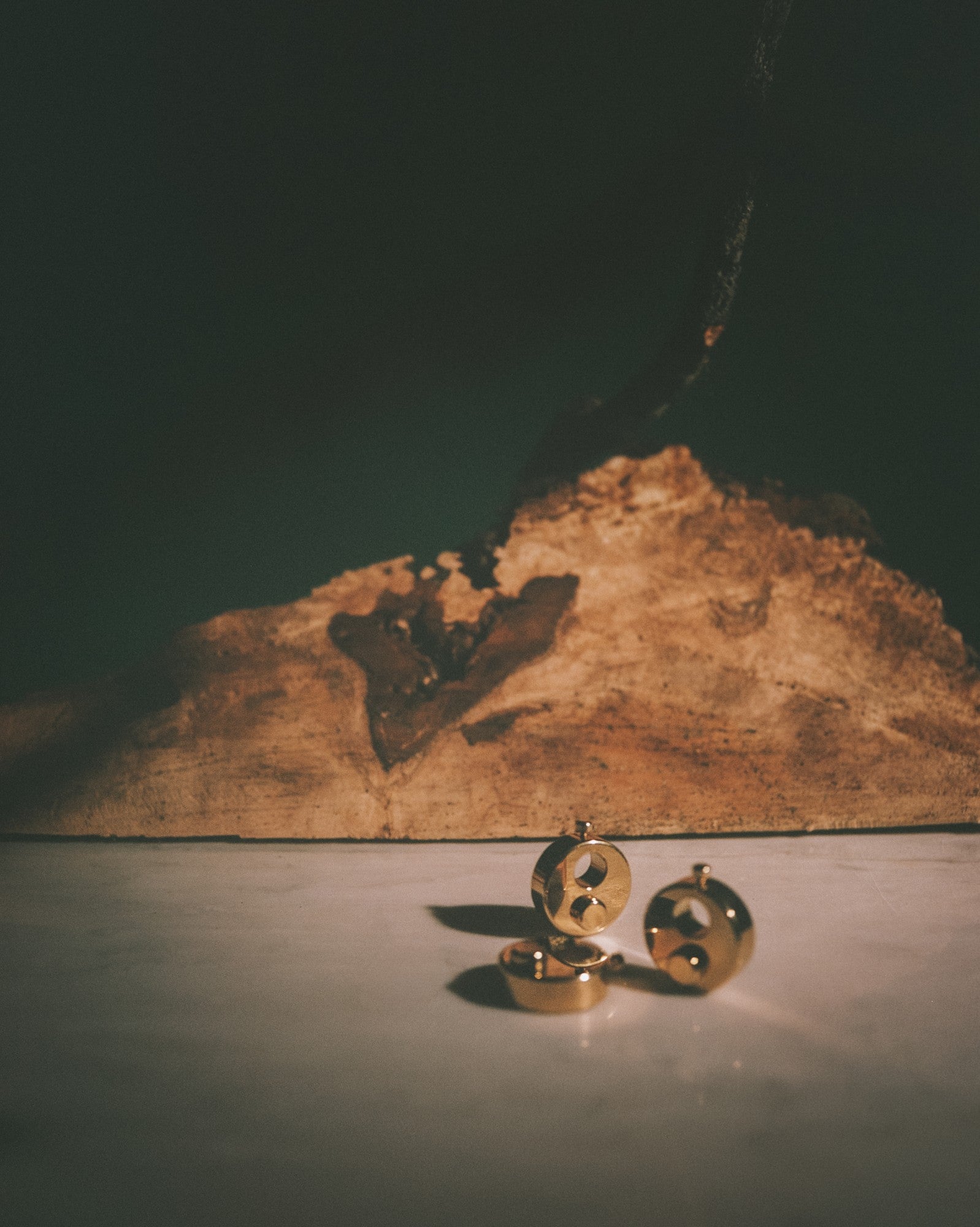 A slab of burl wood behind the Macaron Shelf's polished brass fittings